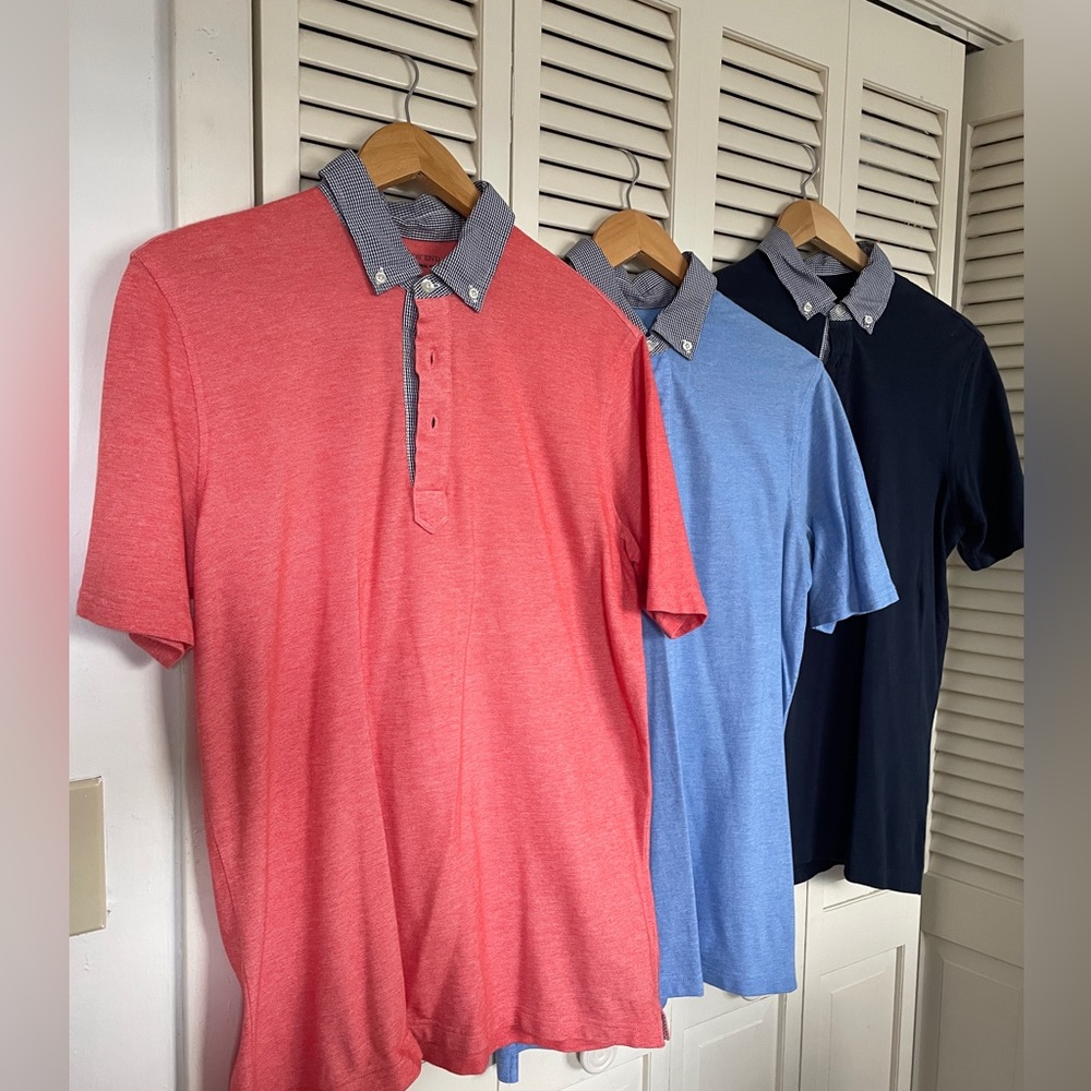 3 Lands’ End polos, red/orange, light blue and black size small (S)